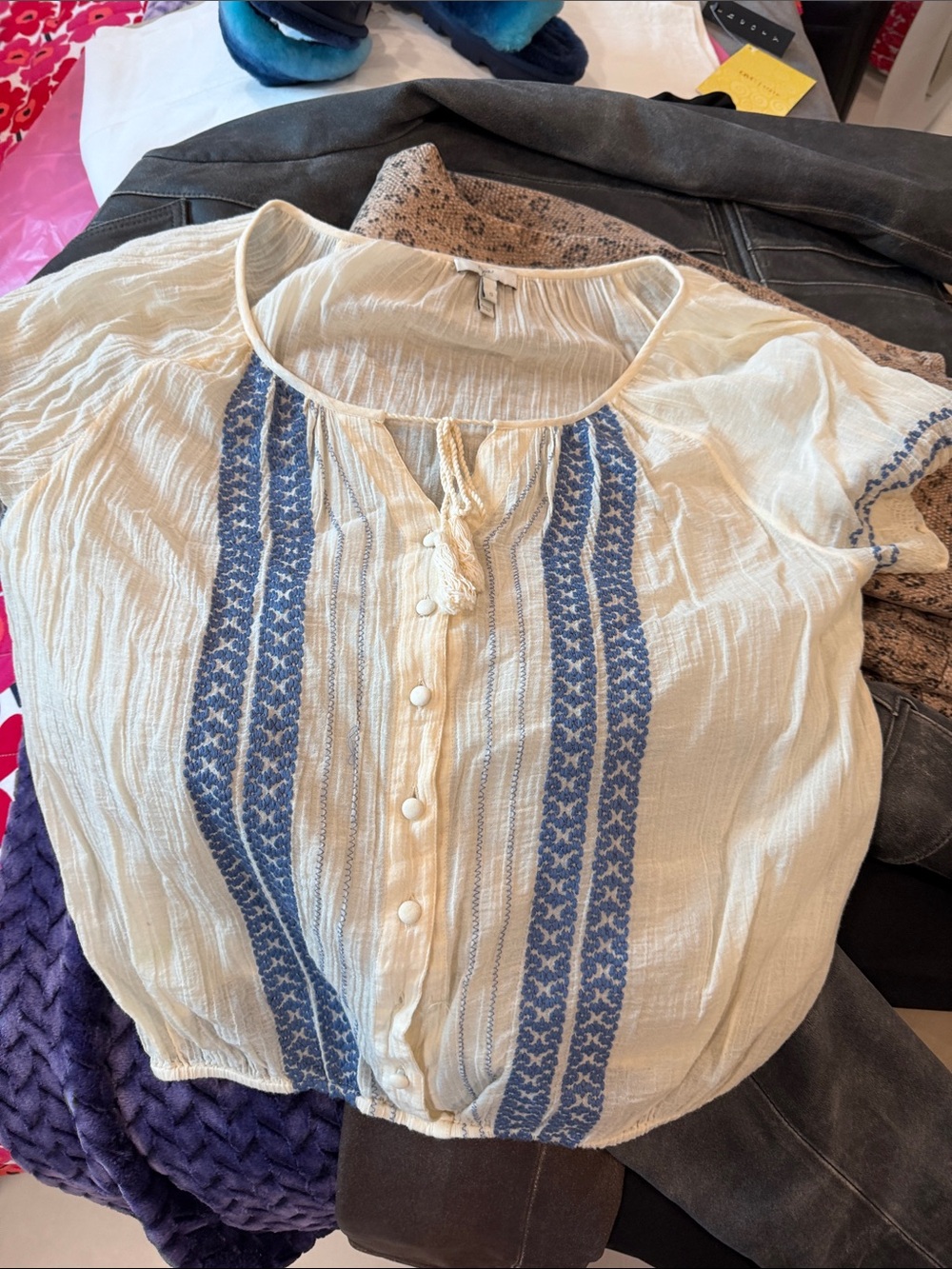 Joie Cream Peasant Blouse with Blue Embroidered Panels